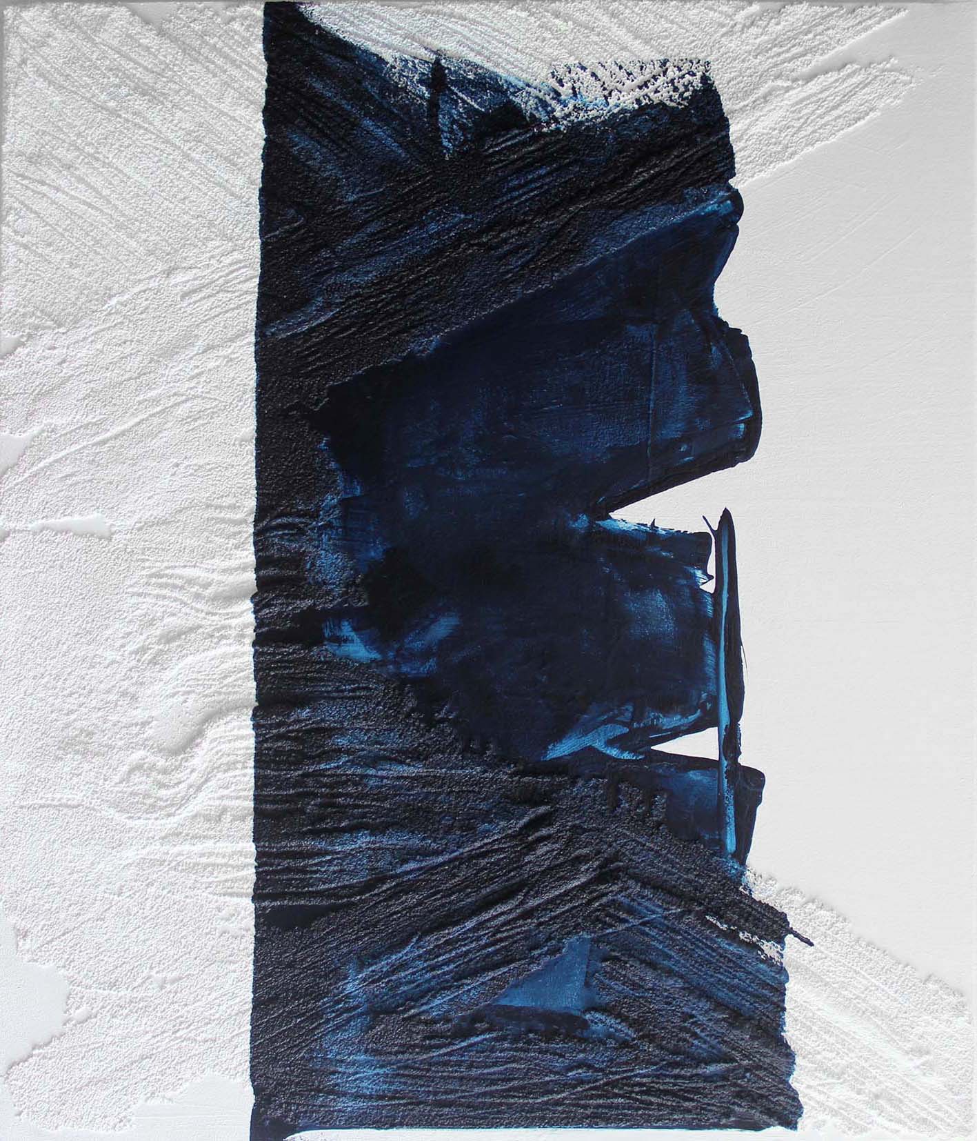 X-17Y-149, contemporary abstract painting by Alexis Toublanc depicting a guardian-like face carved in relief, revealing a hidden island landscape when the canvas is turned